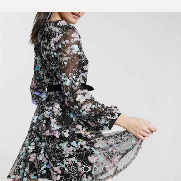 MOD CLOTH mermaid sequin Floral Black Dress with Pastel Accents NWT - Picture 4 of 6